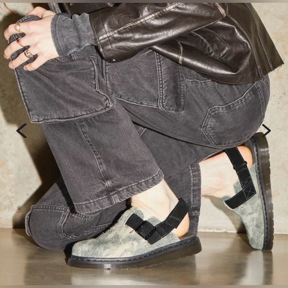 Dr. Martens Gray Shearling Clog Sandals with Black Straps